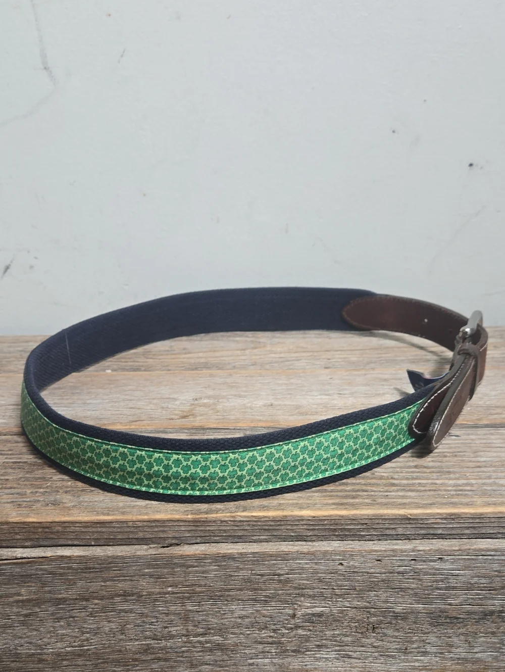 Vineyard Vines Leather And Fabric Green Silk Shamrock Belt